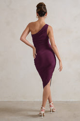 Plum One Shoulder Asymmetric Ruched Midi Dress